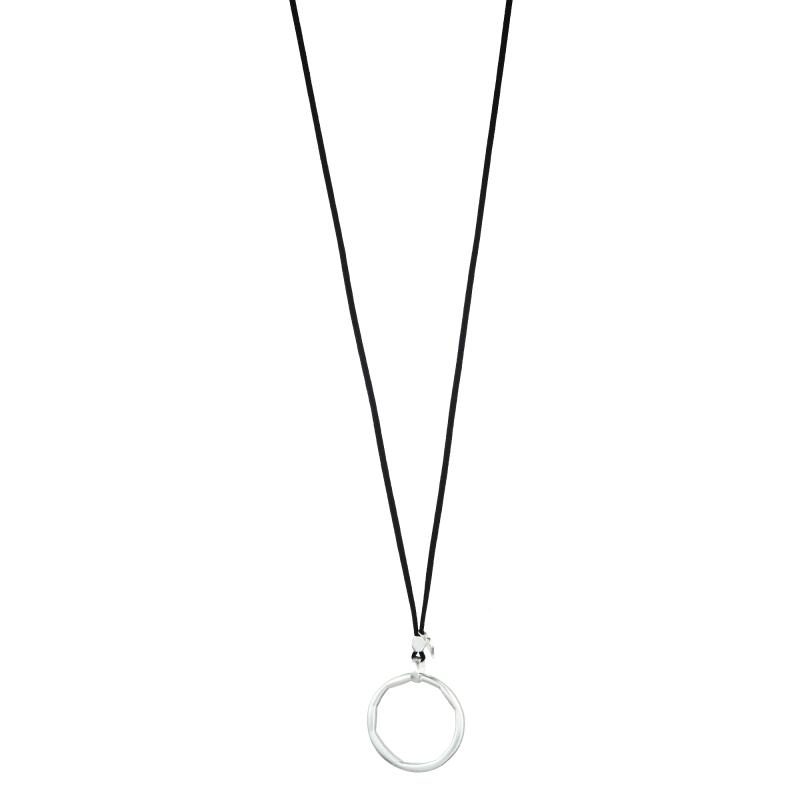 Långt halsband Matt silverfärgad ring i reglerbar svart rem - Gemini