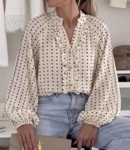 Blus med volang, Beige med bruna prickar, Sabina - Caramelle Fashion