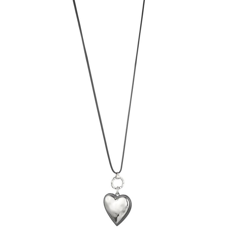 Långt halsband med silverfärgat hjärta i läderrem - Gemini