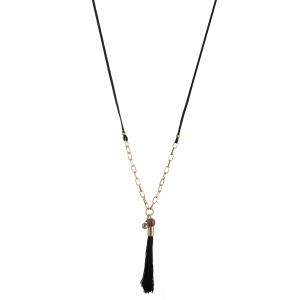 Halsband Långt, Svart läderband, guldfärgad länk och tofs - Gemini