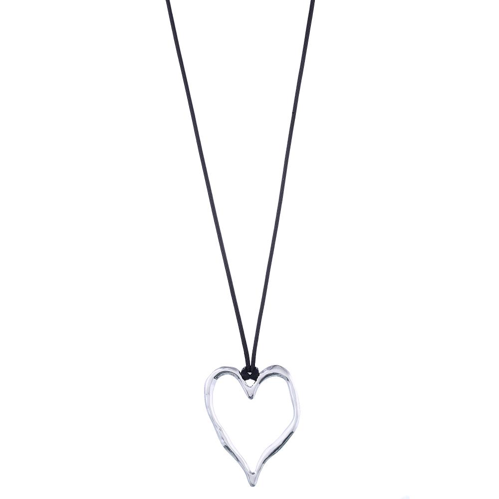 Halsband, Silverfärgat oregelbundet hjärta i svart läderband (långt) - Gemini     BERÄKNAD LEV: NOV