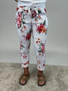 Magiskt stretchig byxa, Vit med blommor i orange och röd, Signe - Mix by Heart