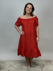 Linneklänning med resår i halsen, Röd Disa - Mix by Heart      BERÄKNAD LEV: APRIL