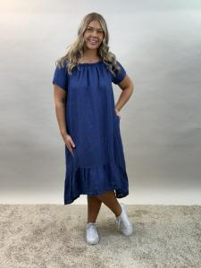 Linneklänning med resår i halsen, Mörkblå (Disa) - Mix by Heart