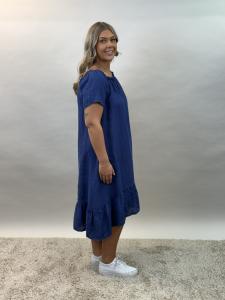 Linneklänning med resår i halsen, Mörkblå Disa - Mix by Heart