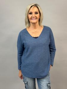 Stickad tröja med v-hals, Jeansblå (Hella) - Mix by Heart