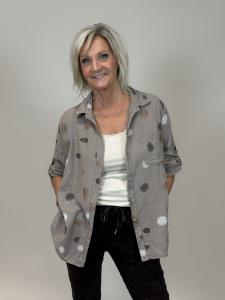 Blus i bomull med linnekänsla, Prickar Taupe, Kelly - Mix by Heart