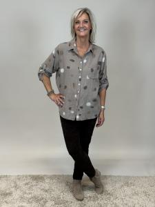 Blus i bomull med linnekänsla, Prickar Taupe, Kelly - Mix by Heart