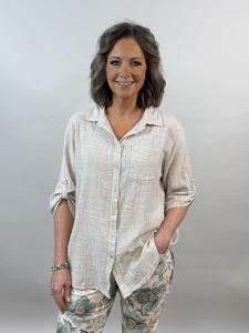 Blus i bomull med linnekänsla, Beige, Kelly - Mix by Heart