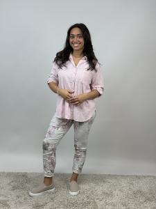 Magiskt stretchig byxa, Beige med rosa blommor, Signe - Mix by Heart