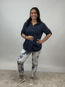 Magiskt stretchig byxa, Beige med blå blommor, Signe - Mix by Heart