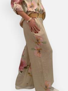 Byxa med vida ben, Beige Blommig, Kattis - Gemini