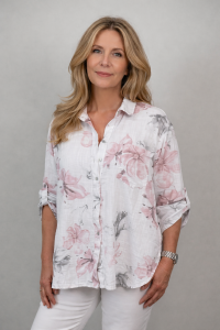 Blus i bomull med linnekänsla, Vit med rosa stora blommor, Kelly - Mix by Heart