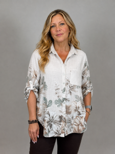 Blus i bomull med linnekänsla, Beige Blom Kelly - Mix by Heart