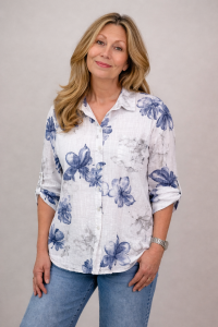Blus i bomull med linnekänsla, Vit med blå stora blommor, Kelly - Mix by Heart