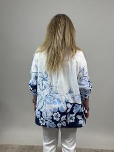 Blus i bomull med linnekänsla, Vit / Marin med ljusblå blommor, Kelly - Mix by Heart