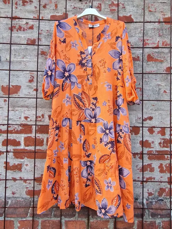 Blommig klänning Orange, Trine - Rough & Rose