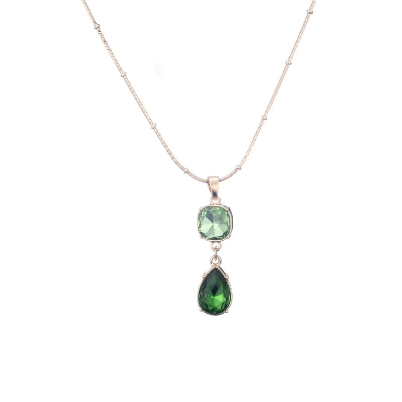 Kort halsband i guldfärgad kedja med grön fasetterad sten - Gemini