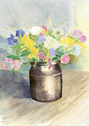 Dubbelvikt kort i akvarell - Sommarblommor i krus