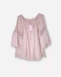 Linneblus med spets på ärmen, Dusty Pink, Laura - Linen Attitude (Reunion)    KOMMER SNART!