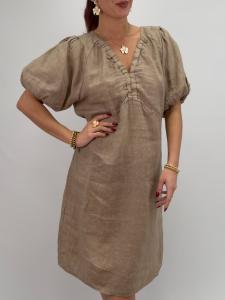 Linneklänning med puffärm, Taupe Majken - Gemini     BERÄKNAD LEV: MARS