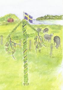 Dubbelvikt kort i akvarell - Majstång