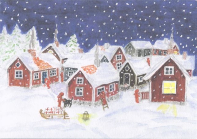 Dubbelvikt julkort i akvarell - Tomtebyn