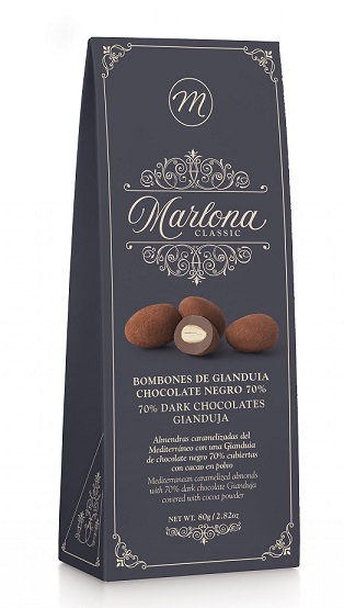 Karamelliserade mandlar från Medelhavet med en utsökt Gianduia av mörk 70% choklad täckt med kakaopulver.