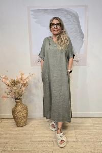 Linneklänning med huva, Army, Milla - Soulful Fashion
