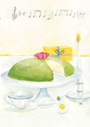 Dubbelvikt minikort i akvarell - Tårtan