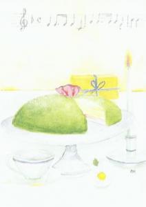 Dubbelvikt kort i akvarell - Tårtan