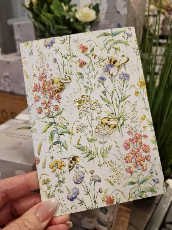 Dubbelt kort med somriga blommor och bin med 3D-effekt, från Pictura