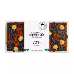 Choklad Hasselnöt, Gojibär & Viol, Mörk Choklad 72% - Pralinhuset