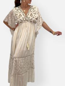 Klänning Offwhite med brodyr i beige, Ria - Gemini