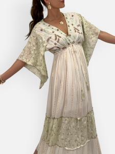 Klänning Offwhite / Grön med brodyr, Ria - Gemini