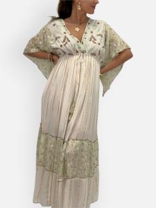 Klänning Offwhite / Grön med brodyr, Ria - Gemini