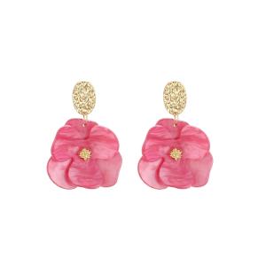 Örhängen, Guldfärgad hamrad platta med mörkrosa blomma - Gemini