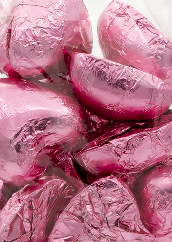Chokladhjärta i rosa foliepapper - Konfektyrfabriken