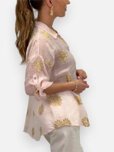 Blus med guldbroderade blommor, Rosa Serina - Gemini