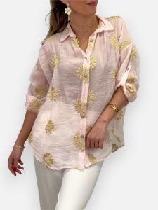 Blus med guldbroderade blommor, Rosa Serina - Gemini