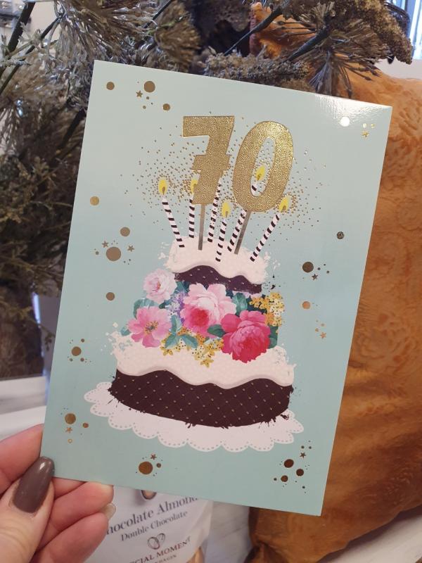70 - Kort med guldiga siffror och en härlig tårta, Pictura