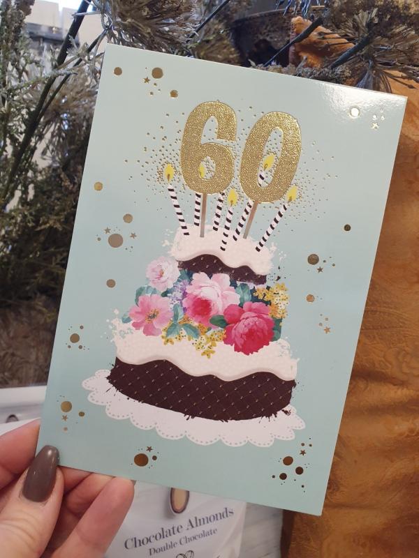 60 - Kort med guldiga siffror och en härlig tårta, Pictura