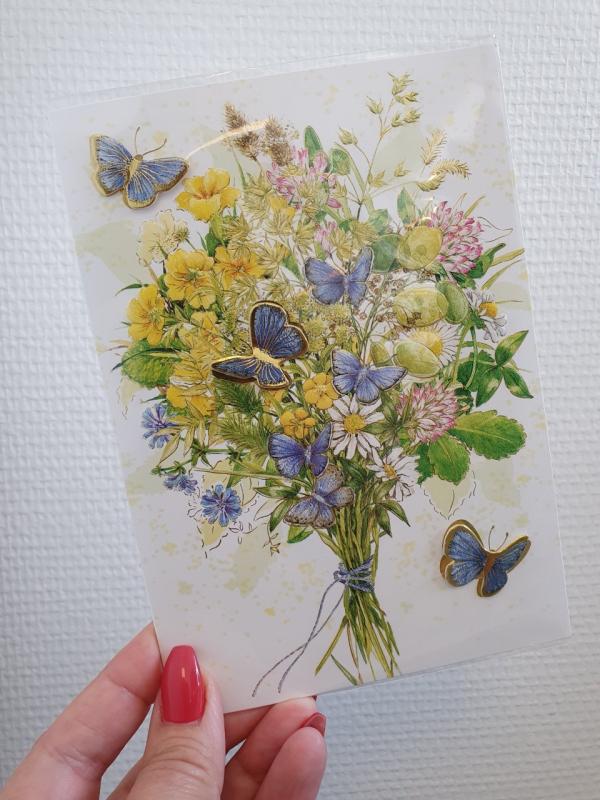 Dubbelt kort med vacker sommarbukett och fjärilar med 3D-effekt, från Pictura