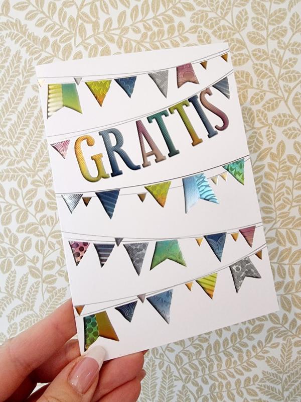 Grattis - dubbelt kort med vimplar i metallicfärg, Pictura