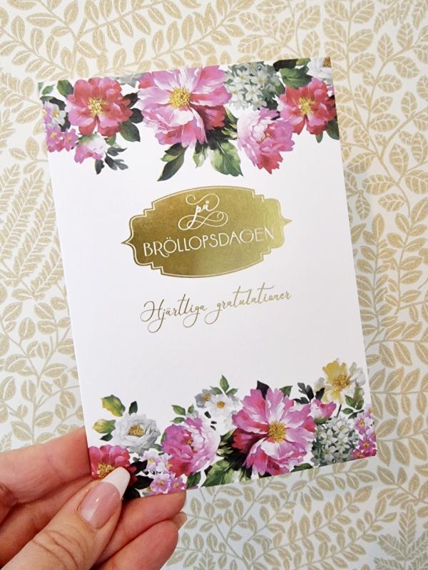 På Bröllopsdagen - dubbelt kort med blommor i rosa och vitt, Pictura