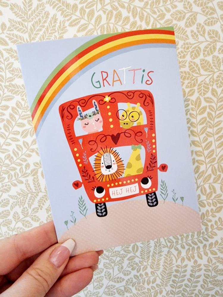 Grattis - kort med buss och djur, Pictura