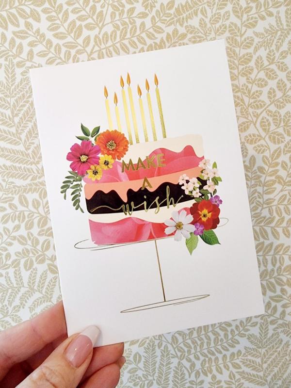Make a wish - dubbelt kort med tårta, blommor och ljus, Pictura