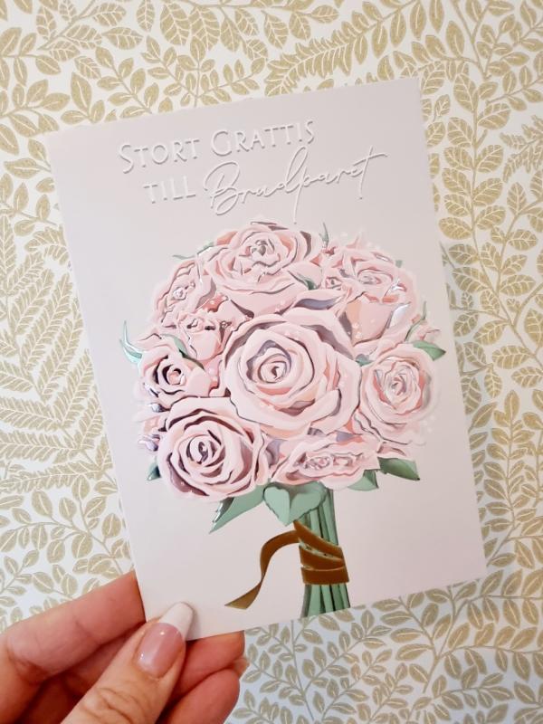 Stort grattis till brudparet - dubbelt kort med en bukett rosa rosor, Pictura