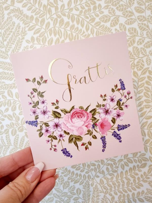 Grattis - rosa dubbelt kort med söt blomranka, Pictura