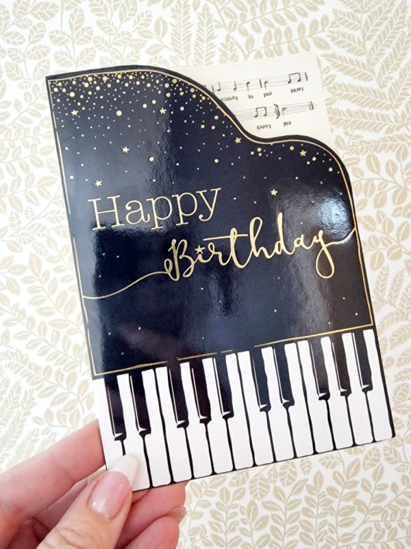 Happy Birthday med svart piano och noter - dubbelt kort, Pictura